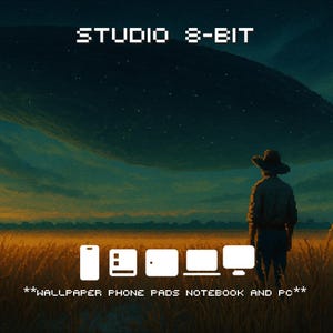 May include: An 8-bit digital art piece featuring a person in a hat standing in a field under a starry sky. The text "STUDIO 8-BIT" is at the top, with icons for phone, tablet, laptop, and PC below. The text "WALLPAPER PHONE PADS NOTEBOOK AND PC" is at the bottom.
