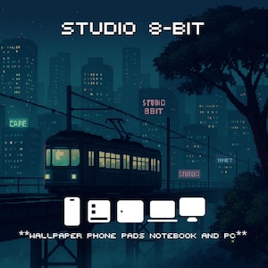 May include: Pixelated digital art featuring a cityscape at night with a tram on tracks. The text "STUDIO 8-BIT" is at the top. Below the tram are icons for phone, tablet, laptop, and PC. Text: "WALLPAPER PHONE PADS NOTEBOOK AND PC".