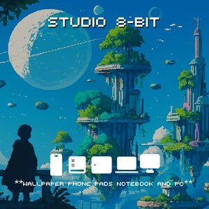 May include: A digital art piece with a futuristic landscape in shades of blue, green, and white. The image features a large planet, floating islands, and stylized buildings. Text at the top reads "STUDIO 8-BIT," and at the bottom, "WALLPAPER PHONE PADS NOTEBOOK AND PC."