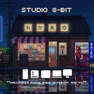 May include: Pixel art illustration of a Japanese shop at night with the text "STUDIO 8-BIT". The shop has a red and white striped awning, a vending machine, and the text "BAIKA". Below are icons for a phone, tablet, laptop, and PC with the text "WALLPAPER PHONE PADS NOTEBOOK AND PC".