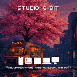May include: Digital art featuring a food truck with a Japanese ramen sign, set against a backdrop of a cherry blossom tree and city buildings. The image includes the text "STUDIO 8-BIT" and icons for phone, tablet, laptop, and PC. Text at the bottom reads "WALLPAPER PHONE PADS NOTEBOOK AND PC".
