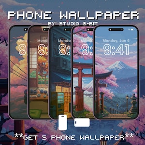 May include: A collection of five phone wallpapers with pixelated art. The wallpapers display various scenes, including a Japanese temple, a mountain, and interior settings. The text "PHONE WALLPAPER" and "BY STUDIO 8-BIT" are at the top, with "GET 5 PHONE WALLPAPER" at the bottom.