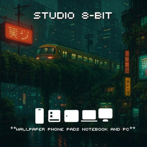 May include: Digital art featuring a yellow train crossing a bridge overgrown with greenery, set against a cityscape backdrop. The image includes the text "STUDIO 8-BIT" and icons for phone, tablet, laptop, and PC. Text at the bottom reads "WALLPAPER PHONE PADS NOTEBOOK AND PC".