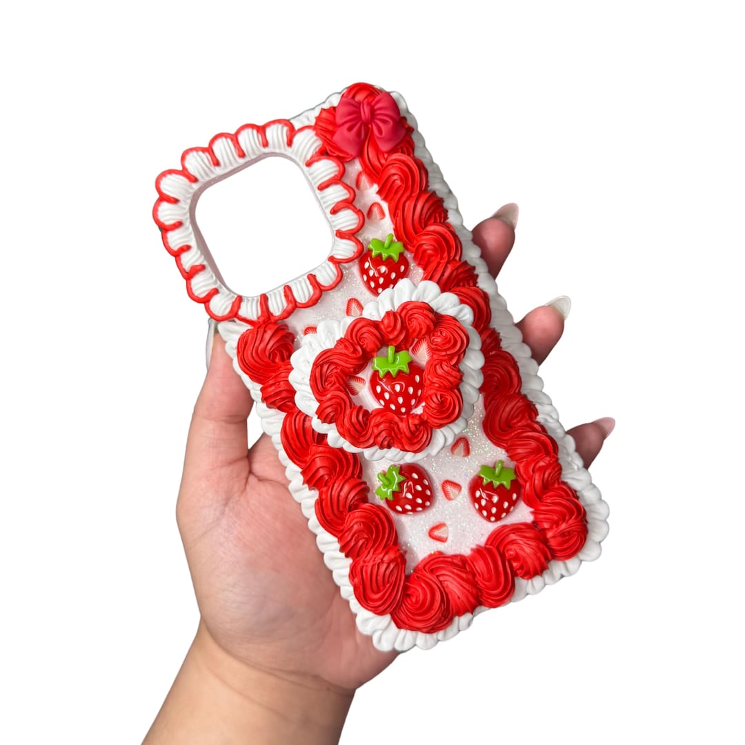 Strawberries and Cream Decoden Phone Case – Whipped Cream Style, Kawaii ...