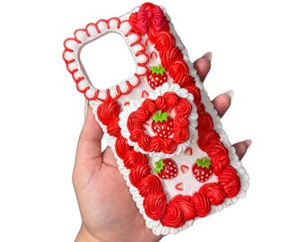 Strawberries and Cream Decoden Phone Case – Whipped Cream Style, Kawaii Berry Case, Handmade 3D Strawberry Case for Any Phone Model