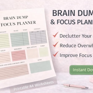 Brain Dump & Focus Planer Printable | Mentale Klarheit Arbeitsbuch | ADHD Mind Declutter Blätter | Sofort Download PDF