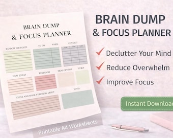 Brain Dump Planner Printable – Mental Clarity Workbook & ADHD Focus Sheets | Instant Download PDF Templates