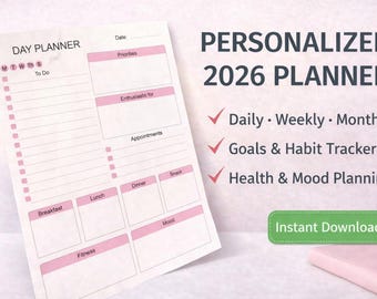 Personalized 2026 Digital Planner | Daily Weekly Monthly Organizer | Goals Fitness Mood Habit Tracker Printable