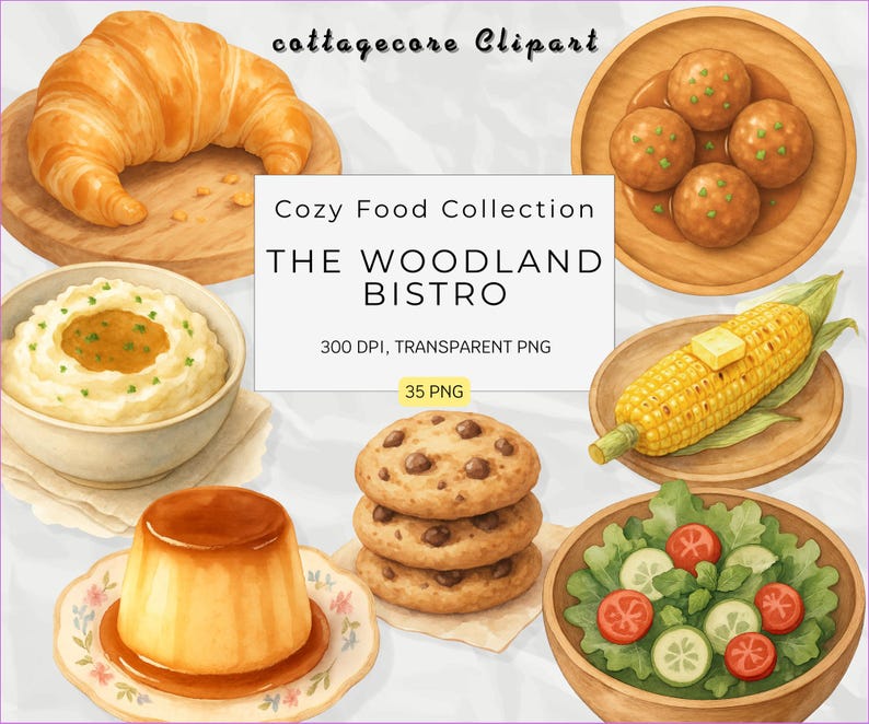 Cozy Cafe Food Clipart Set – 35 PNG Watercolor Bakery & Bistro Stickers ...