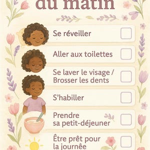 May include: A colorful printable checklist for kids to follow their morning routine. The checklist includes illustrations of a child waking up, brushing their teeth, getting dressed, eating breakfast, and getting ready for the day. The text on the checklist is in French.