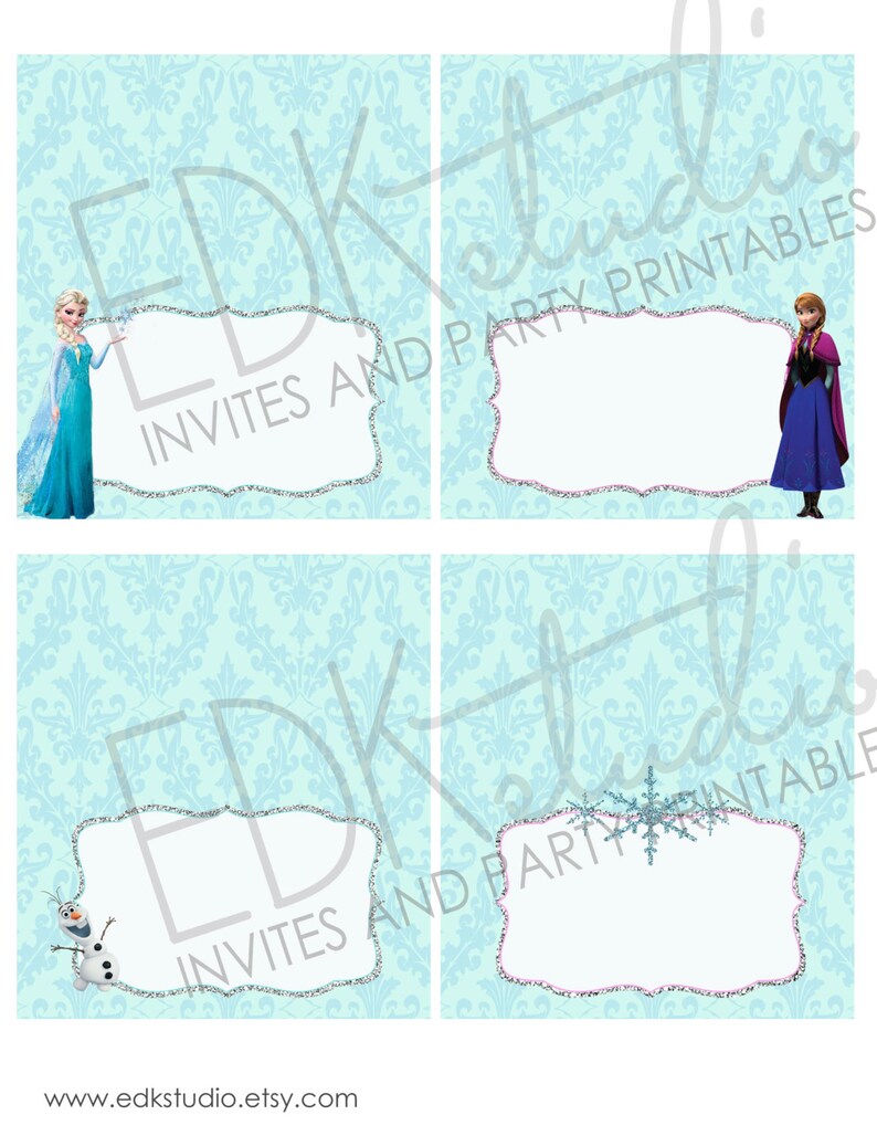 May include: Four printable place cards featuring a light blue background with a white damask pattern. Each card has a white border with a silver glitter effect and a pink inner border. The top left card features a cartoon image of Elsa from Frozen. The top right card features a cartoon image of Anna from Frozen. The bottom left card features a cartoon image of Olaf from Frozen. The bottom right card features a snowflake design. The text "EDK Studio Invites and Party Printables" is visible on the top left and bottom left cards.