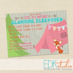 Glamping Camping Birthday party invitation//sleepover// tween//teen//slumber party invitation