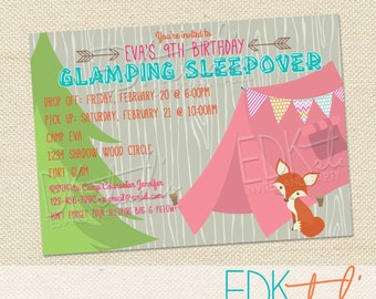 Glamping Camping Birthday party invitation//sleepover// tween//teen//slumber party invitation