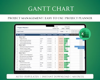 Plantilla de gestión de proyectos en Excel, hoja de cálculo de gestión de proyectos, diagrama de Gantt en Excel, hoja de Excel de gestión de proyectos, plantilla de plan de proyecto