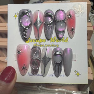 Pink purple nails,3D press on nails with free glue, cool style, handmade, luxurious aurora light gel nail