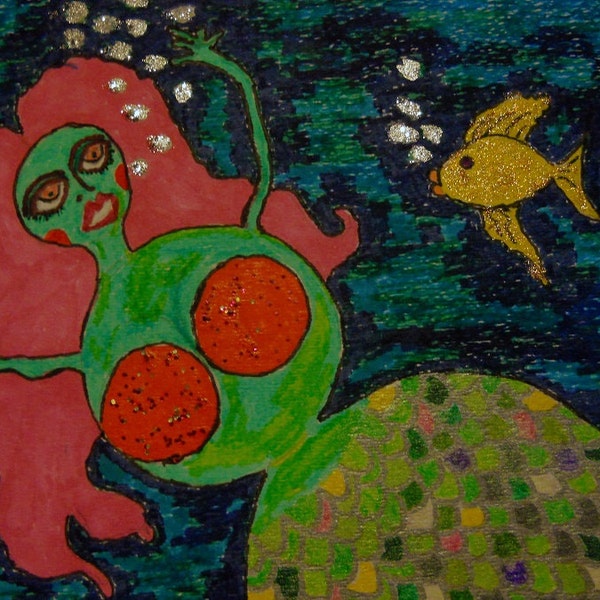 One of a Kind Mixed Media Drawing of an Ultra Curvy Lady, "Marina Mermaid  Roundabout"