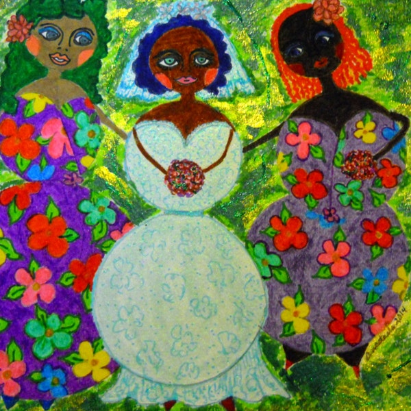 Original Marker/Mixed Media Painting of Curvy Ladies, "Sisters 1"