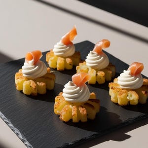 Mini rösti de patata con salmón ahumado y crema de rábano picante: receta de aperitivo elegante (descarga en PDF)