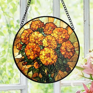 Marigold Flower Stained Glass Suncatcher, Vibrant Bloom Panel, Window Decor Art, Floral Garden Style, Nature Lovers, Gift for Her