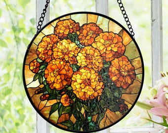 ステンドグラスのマリーゴールドサンキャッチャー：手作りの花飾り窓