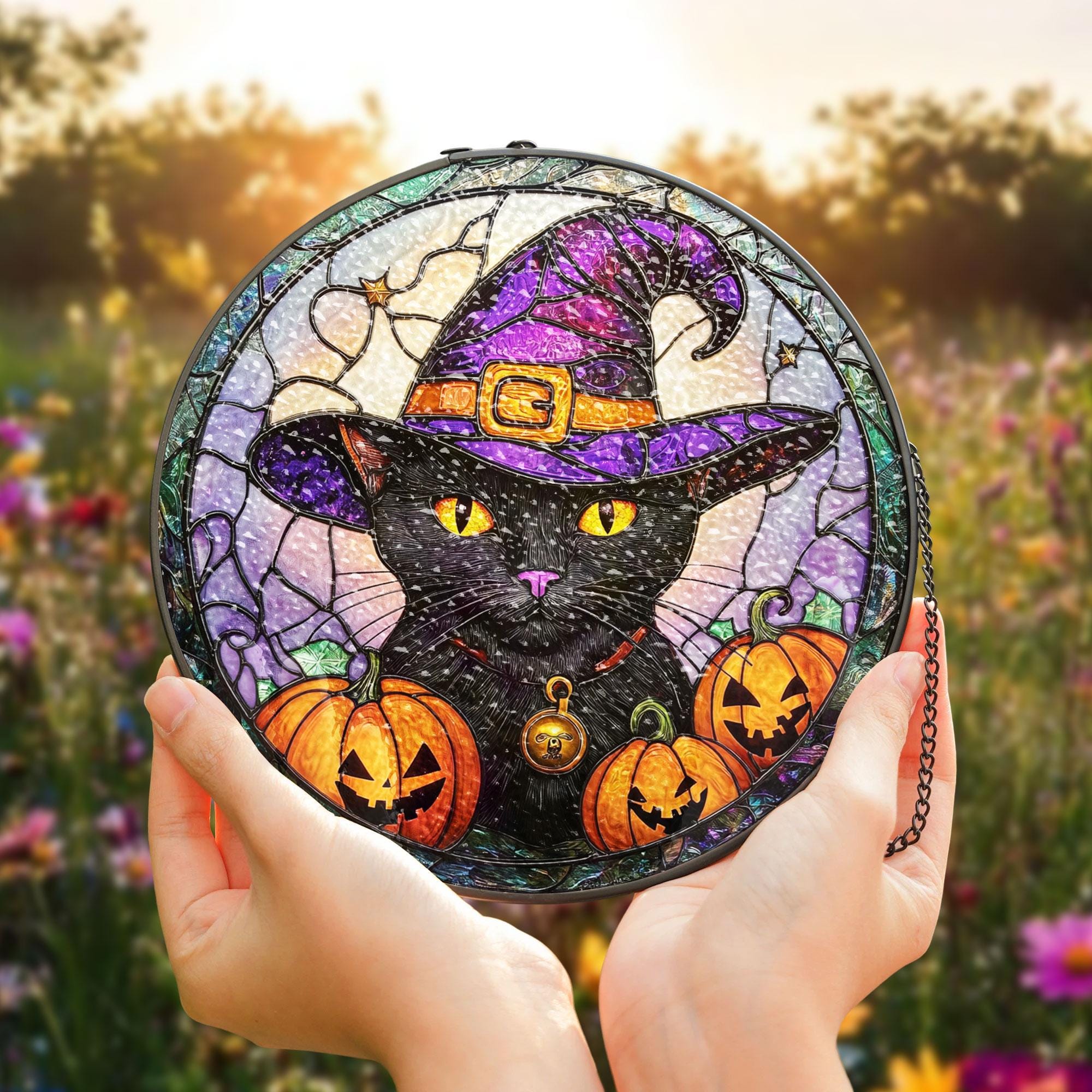 黒猫魔女ハロウィンステンドグラスサンキャッチャー、不気味なカボチャ