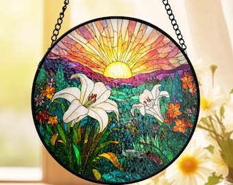 Easter Lily Stained Glass Suncatcher, Christian Memorial Gift For Grandma, Religious Sympathy Window Hanging