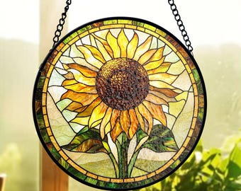 Sonnenblume Buntglas Suncatcher, Strahlende Blüte, Fensterakzent, Cottagecore Blumenkunst, Glasverzierung, Naturliebhaber, Gartengeschenk