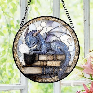 Dragon Stained Glass Suncatcher, Reading Dragon Design, Stained Glass Window Hanging, Cozy Decor, Gift for Book Lovers, Dragon Lovers