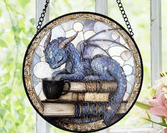 Dragon gebrandschilderd glas Suncatcher, lezing Dragon Design, glas-in-loodraam hangend, gezellig decor, cadeau voor boekenliefhebbers, drakenliefhebbers
