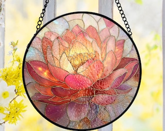 Lotus Flower Stained Glass Suncatcher, Pink Floral Window Hanging, Zen Yoga Decor, Spiritual Gift For Mom, Mothers Day Sun Catcher