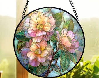 Floral Stained Glass Suncatcher, Botanical Window Hanging Decor, Flower Garden Art, Mothers Day Gift For Mom, Spring Nature Lover Gift