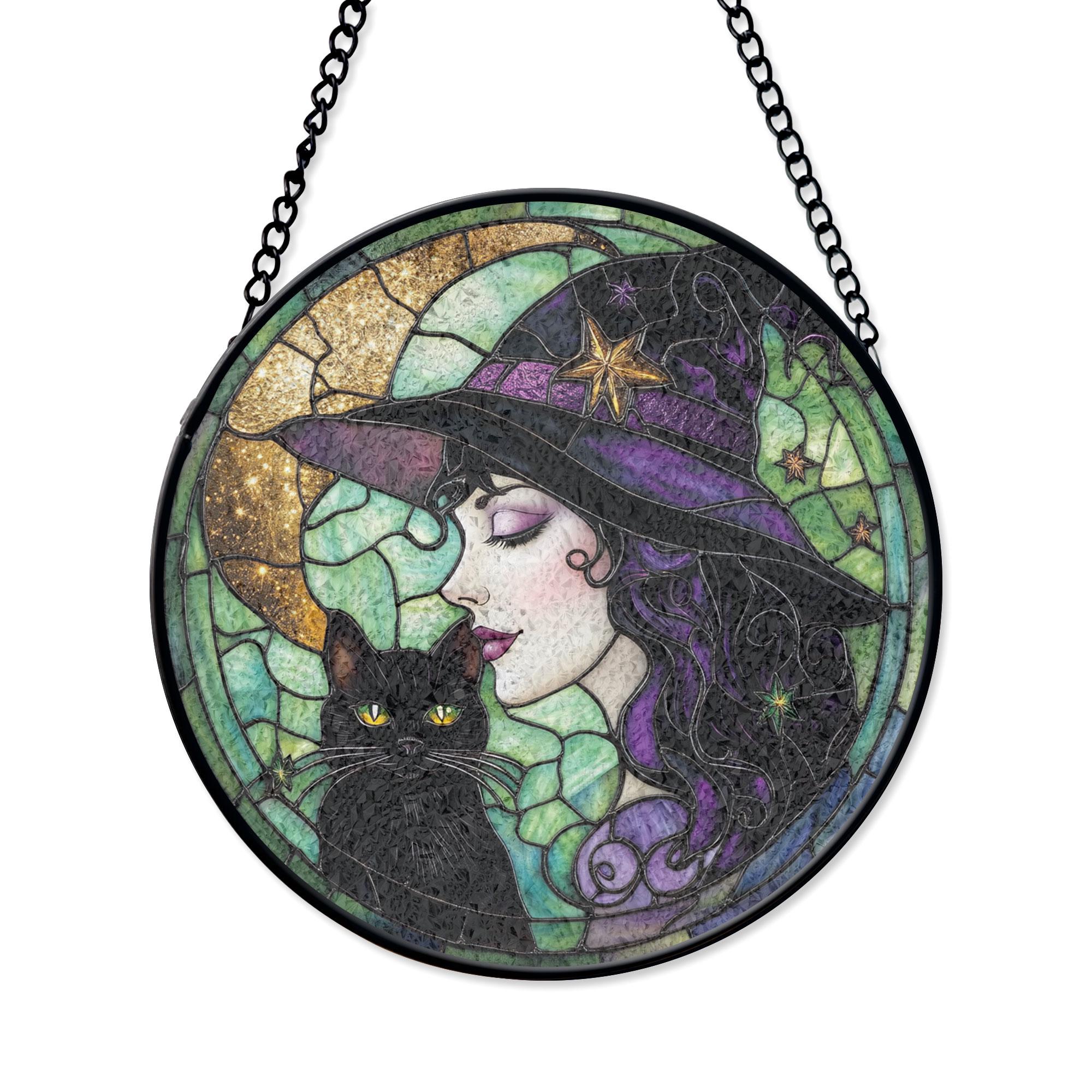 黒猫の魔女ステンドグラスサンキャッチャー、ハロウィン装飾ステンド