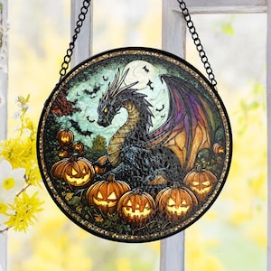 Halloween-drakemålning, kuslig pumpa-solfångare, fönsterhängande gåva för fantasyälskare, gotisk heminredning, Halloween-drakedekor
