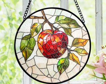 Apple Stained Glass Suncatcher, Realistic Red Fruit Detail