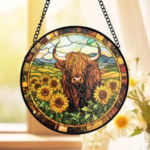 Highland Cow Stained Glass Suncatcher, Sunflower Suncatcher For Farmer, Rancher Mom Gift, Country Life Hobby Window Hanging, Scottish Friend