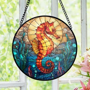 Seahorse Suncatcher Stained Glass, Ocean Animal Window Accent, Coastal Nautical Style, Stained Glass Look, Sea Life Lovers