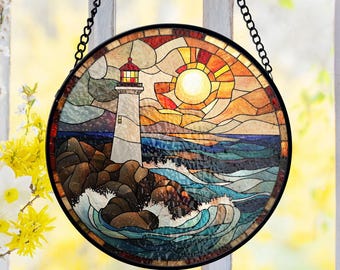Lighthouse Stained Glass Suncatcher, Coastal Sunset Ocean Scene, Nautical Window Art, Seaside Style Decor, Gift for Beach Lovers