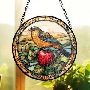 Bird On Apple Branch Stained Glass Suncatcher, Gardener Hobby Suncatcher, Farmhouse Decor Hanging, Nature Lover Gift Stained Glass For Mom
