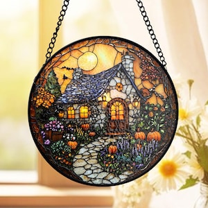 Cozy Autumn Cottage Stained Glass, Fall Pumpkin Garden Window Hanging, Harvest Moon Cabin Decor, Halloween House Gift For Fall Lovers