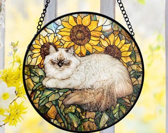 Atrapasol de gato con vitral, decoración para ventana, acogedora temática floral, estilo vitral, regalo para amantes de los gatos, recuerdo para mascotas