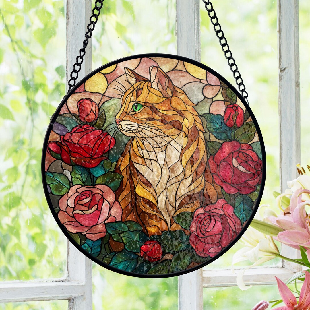 Orange Tabby Cat Stained Glass Suncatcher, Floral Rose Window Hanging ...