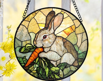 Easter Bunny Stained Glass Suncatcher, Rabbit Eating Carrot Suncatcher, Gardener Gift Window Hanging, Farmhouse Decor Panel For Mom