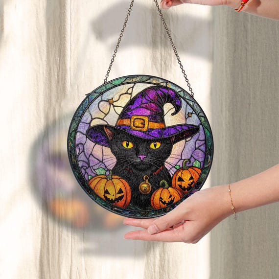 黒猫魔女ハロウィンステンドグラスサンキャッチャー、不気味なカボチャ