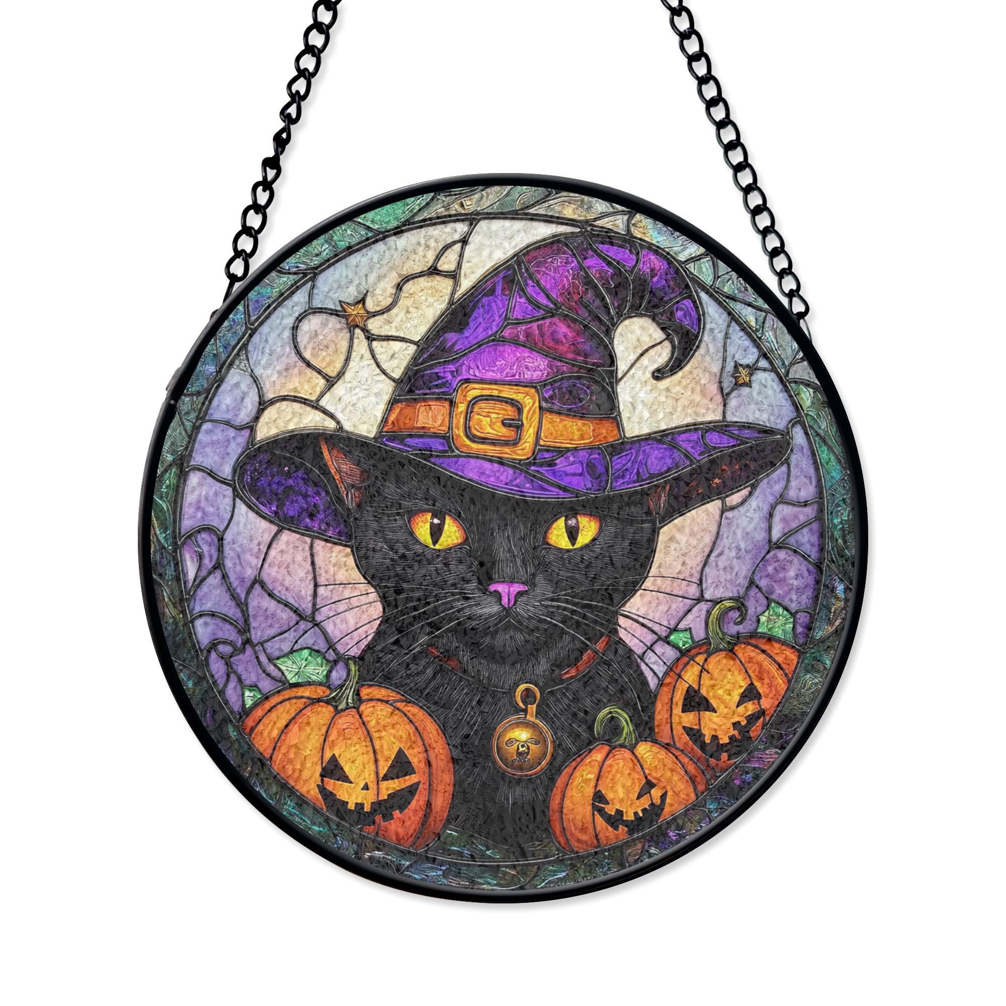黒猫魔女ハロウィンステンドグラスサンキャッチャー、不気味なカボチャ