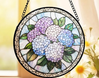 Hydrangea Stained Glass Suncatcher, Pastel Flower Window Decor, Cottagecore Floral Art, Garden Lovers, Gift For mom, Gift For Grandma