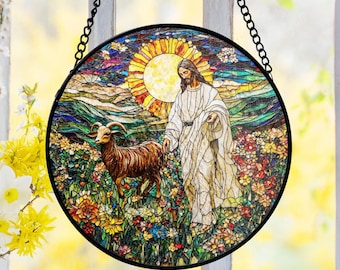 Jesus And Lamb Of God Stained Glass Suncatcher, The Good Shepherd Stained Glass, Christian Faith Gift, Religious Home Decor Glass