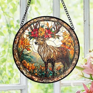 Christmas Deer Stained Glass Suncatcher, Hunter Dad Gift Suncatcher, Rustic Cabin Decor Window Hanging, Nature Lover Grandpa