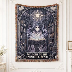 Haunted Library Woven Blanket, Gothic Ghost Reading Throw, Dark Academia Book Lover Decor, Spooky Halloween Gift for Readers and Witchy Home