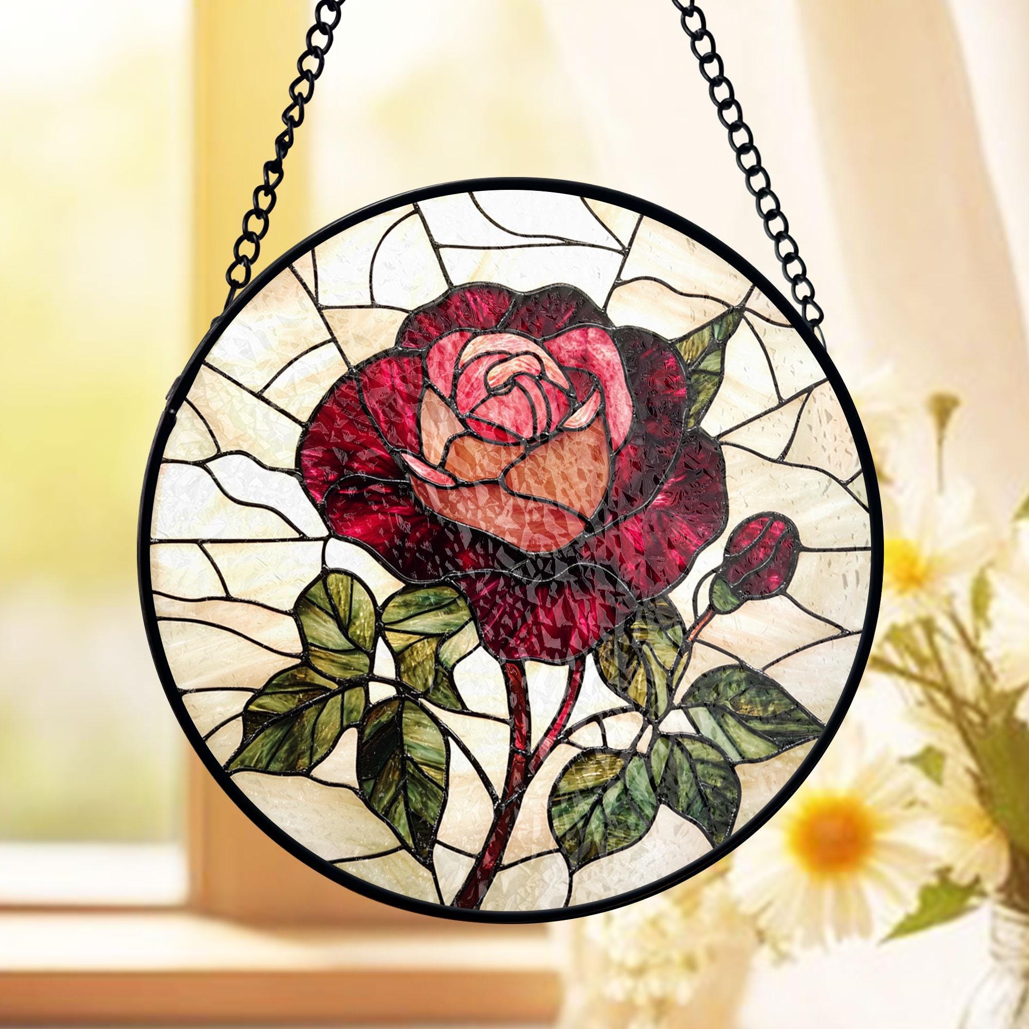 ローズステンドグラスサンキャッチャー、深紅の花のアクセント