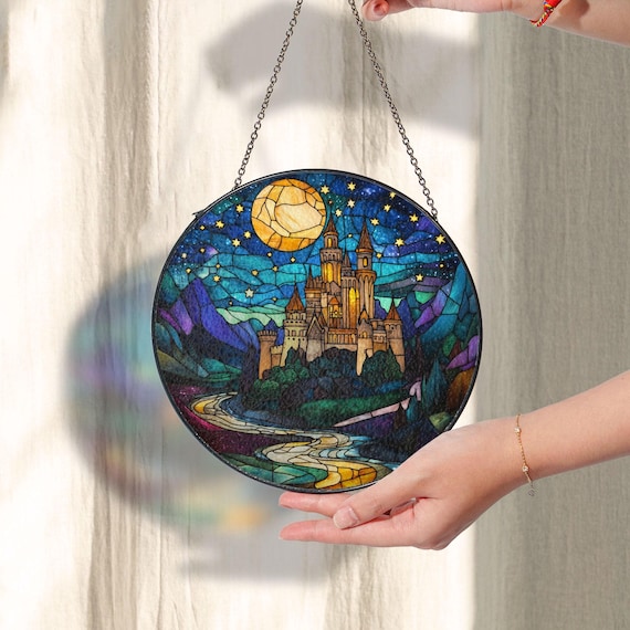 Castle Fantasy Stained Glass Suncatcher, Golden Moon River Window